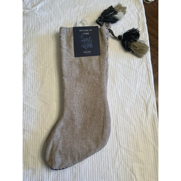 Set of 2 Burlap & Blue W/ Silver Color Threading 22” Christmas Stocking - Picture 4 of 4